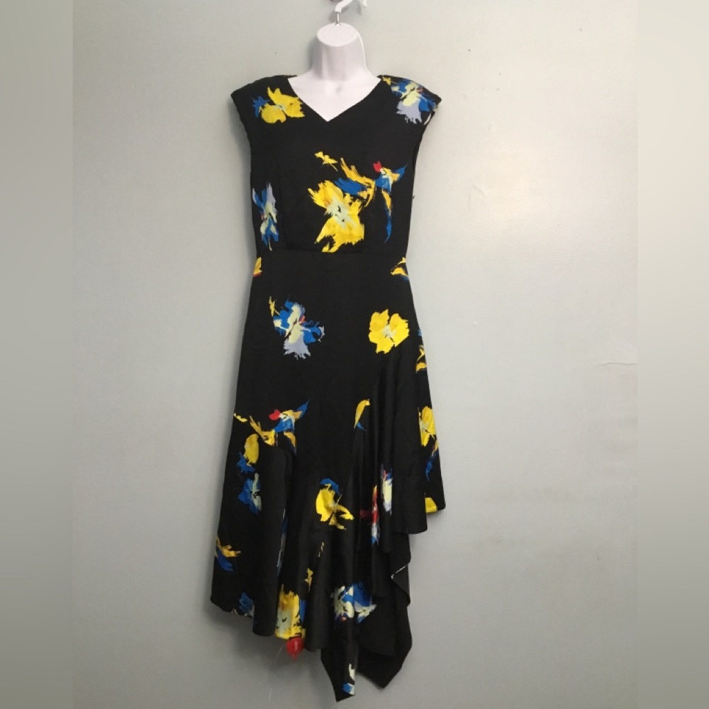 Equipment Black Asymmetrical Dress with Blue and Yellow Floral - Picture 3 of 14
